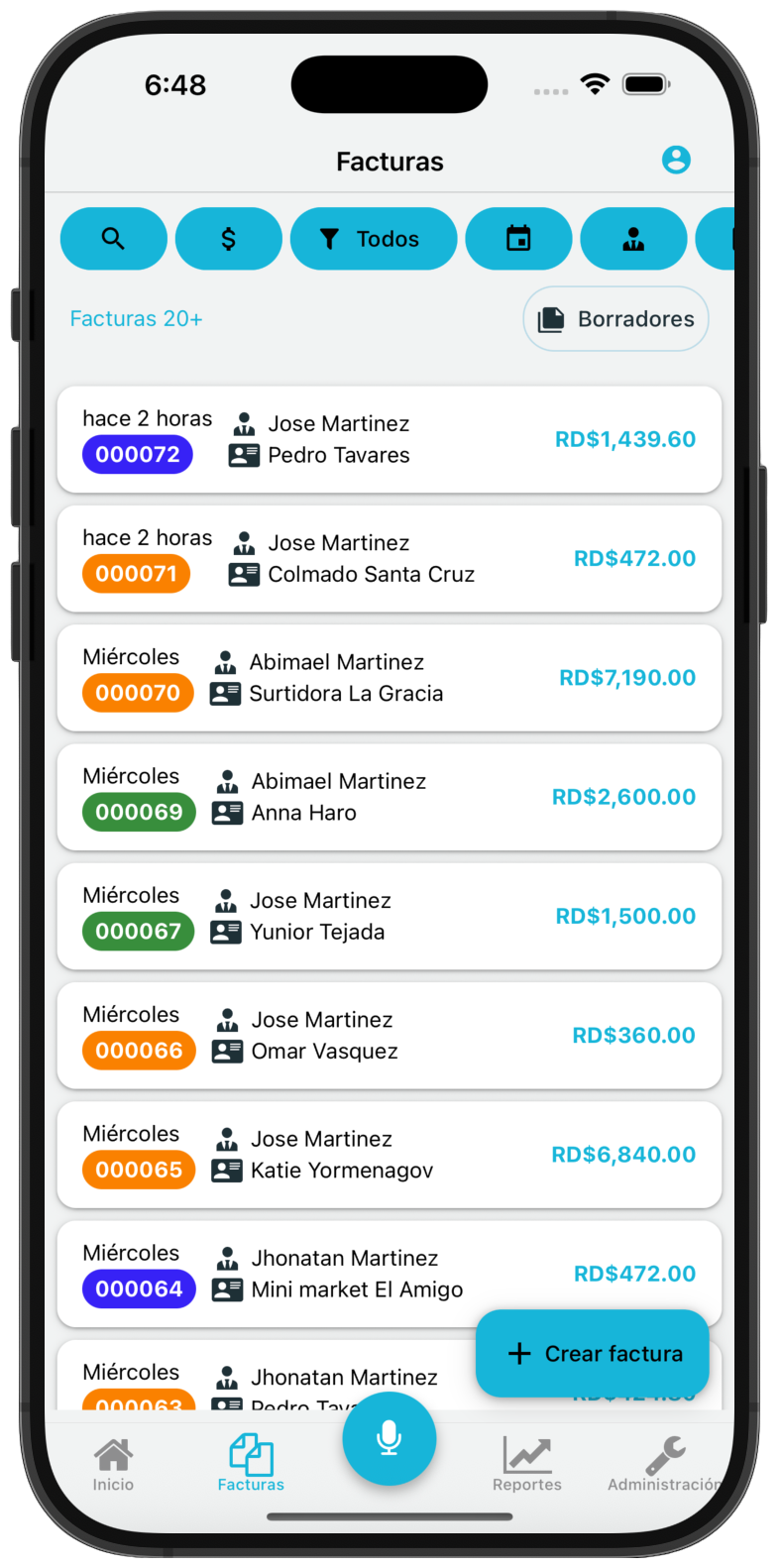 Pantalla de lista de facturas en Remoox Go mostrando ventas recientes con clientes, montos y estados.